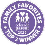 Purple Family Favorites Top 3 Winner badge from Colorado Parent magazine with family silhouette.