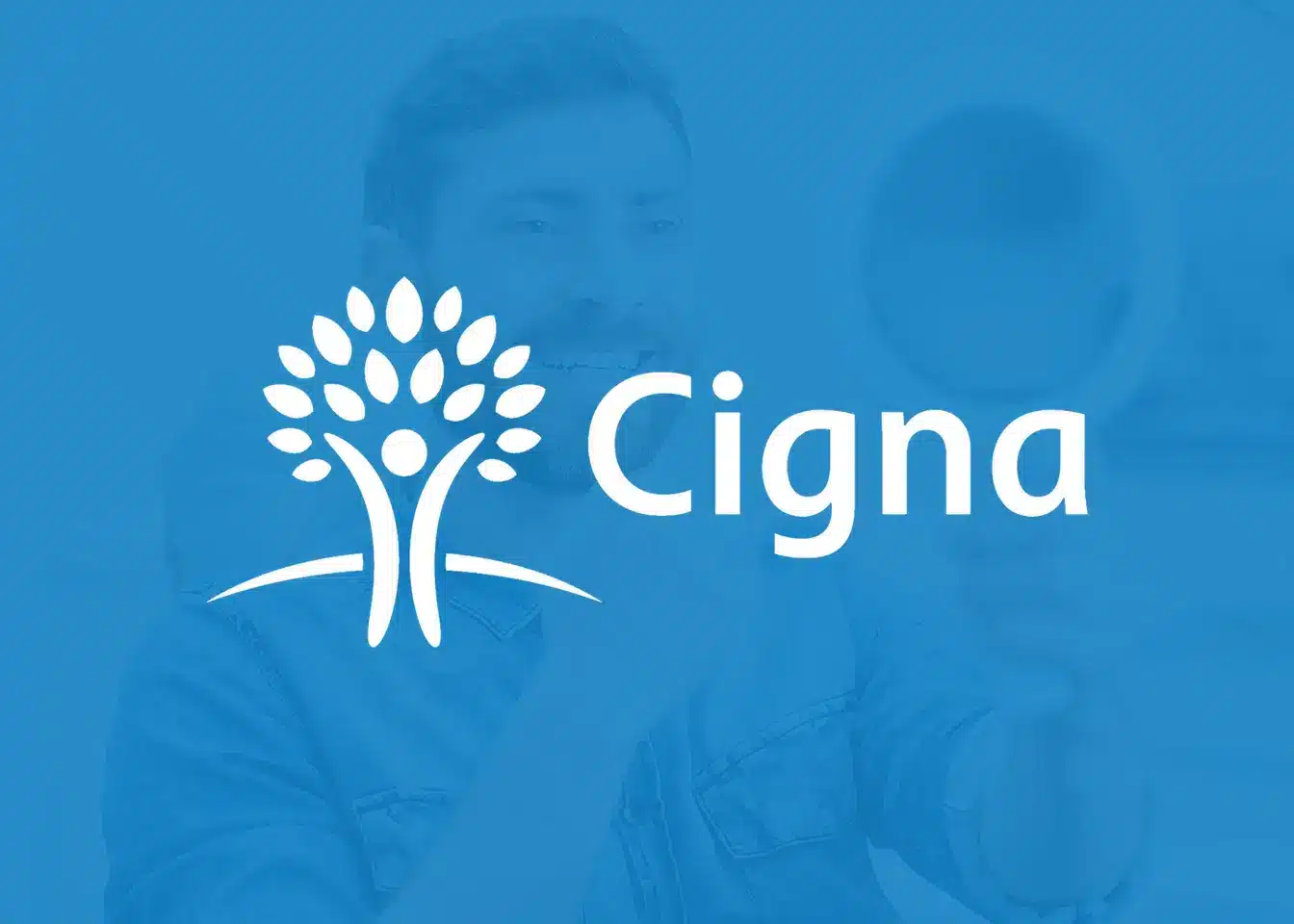 Cigna logo with stylized tree icon on blue background for insurance company branding.