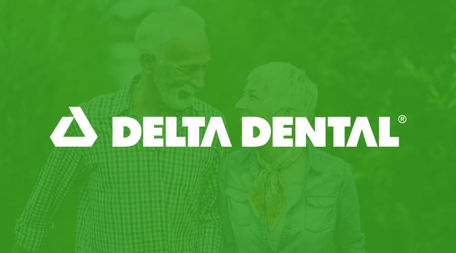 Delta Dental logo on green background with dental imagery watermark